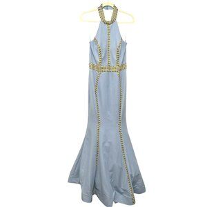 Johnathan Kayne $650 Light Denim Halter Mermaid Gown Stud Embellished Maxi Dress